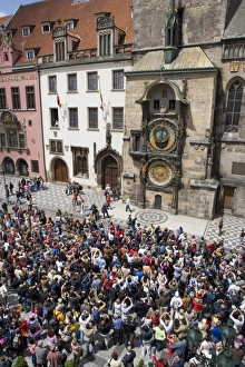 Czech Prints: Crowds of tourists in front of the Astronomical clock, Town Hall, Old Town Square