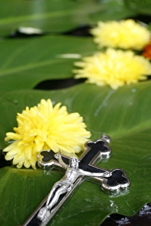 Images Dated 27th July 2007: Crucifix and flowers, Kathmandu, Nepal, Asia