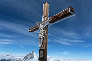 Crucifix Prints: Crucifix with Matterhorn in the background, Zermatt, Canton Valais, Switzerland