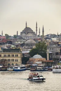 Traditionally Turkish Prints: Cruise on the Golden Horn with Mosque behind, Istanbul, Turkey, Europe