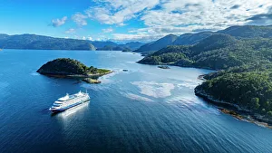 Cruise Ship Prints: Cruise ship anchoring in Wulaia Bay, Tierra del Fuego, Chile, South America
