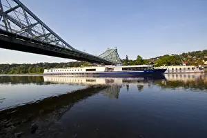 River Elbe Prints: Cruise ship beneath a bridge over the River Elbe near Dresden, Saxony, Germany, Europe