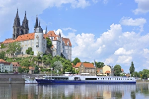 River Elbe Prints: Cruise ship on the Elbe before the Albrechtsburg in Meissen, Saxony, Germany, Europe