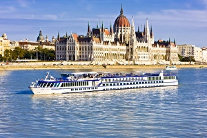 Danube Prints: Cruise ship passing the Parliament on the Danube, Budapest, Hungary, Europe