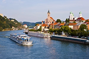 Stereotypically German Prints: Cruise ship passing on the River Danube, Passau, Bavaria, Germany, Europe