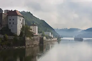 Stereotypically German Prints: Cruise ship passing on the River Danube in the early morning mist