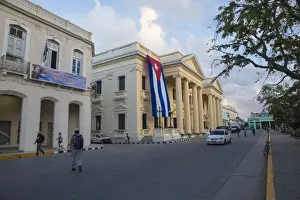 Patriotism Prints: Cuban flag hanging from Palacio Provincial after the death of Fidel Castro, Parque Vidal