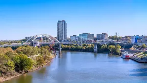 Skyscrapers Prints: Cumberland River and Korean Veterans Memorial Bridge view with city skyline in Nashville Tennessee