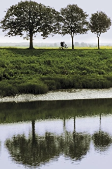 Picardie Prints: Cyclist on banks of River Somme, St. Valery sur Somme, Picardy, France, Europe