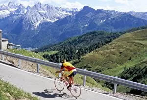 Dolomites Gallery: Cyclist riding over Sella Pass