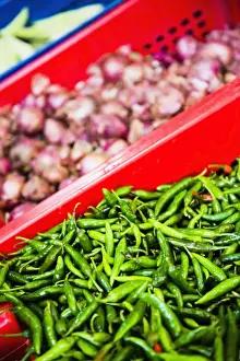 Healthy Eating Prints: Dambulla produce market, chillies and onions for sale at Dambulla market