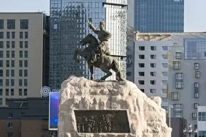 Office Building Collection: Damdin Sukhbaatar statue with skyscrapers in the background, Ulan Bator, Mongolia