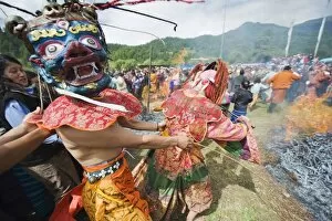 Images Dated 4th October 2009: Dancers in costume at Thangbi Mani Tsechu (festival), Jakar, Bumthang, Chokor Valley