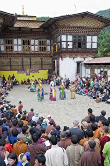 Dancers at Thangbi Mani Tsechu (festival), Jakar, Bumthang, Chokor Valley, Bhutan, Asia