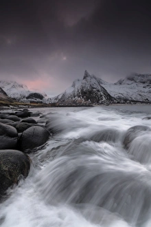 Moody Sky Prints: Dark clouds above snowy peaks and waves of the cold sea, Senja, Ersfjord, Troms county