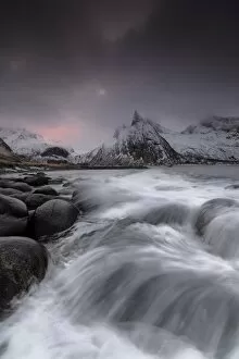 Moody Sky Gallery: Dark clouds above snowy peaks and waves of the cold sea, Senja, Ersfjord, Troms county