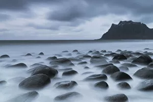 Nordland Gallery: Dark clouds over Uttakleiv beach and stones washed by sea, Leknes, Vestvagoy, Nordland