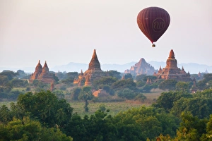 Dawn over ancient temples from hot air balloon, Bagan (Pagan), Central Myanmar, Myanmar (Burma), Asia