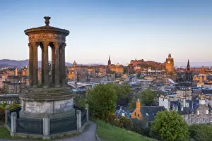 Lothian Prints: Dawn breaks over the Dugald Stewart Monument overlooking the city of Edinburgh, Lothian