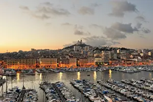 Marseille Prints: Dawn breaks over the Old Port with the Basilica Notre-Dame de la Garde in Marseille