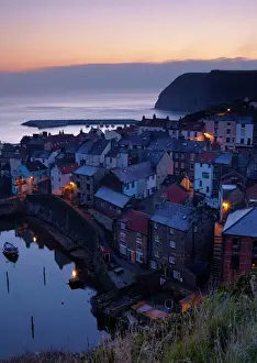 North Yorkshire Prints: Dawn from Cowbar overlooking the beautiful village of Staithes, North Yorkshire
