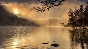 Foggy Gallery: Dawn light and clearing mist over Glenridding and Ullswater, Lake District National Park
