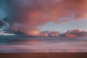 Dramatic Sky Gallery: Dawn sky over Carbis Bay beach looking to Godrevy point, St. Ives, Cornwall, England, UK, Europe