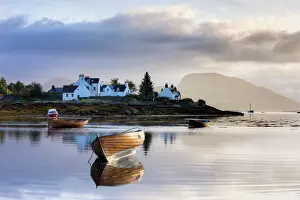 Loch Prints: Dawn view of Plockton with rowing boats and whitewashed houses, Plokton