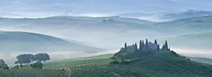 Belvedere Prints: Dawn view of Val d Orcia showing Belvedere and rolling Tuscan countryside