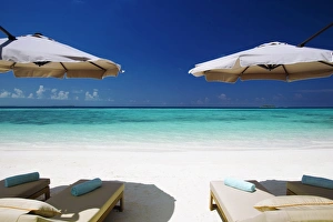 Towel Prints: Deck chairs and tropical beach, Maldives, Indian Ocean, Asia