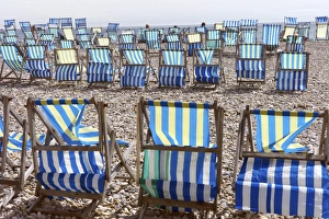 Beer Prints: Deckchairs on the beach at Beer, Devon, England, United Kingdom, Europe