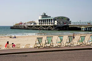 P Ier Prints: Deckchairs, beach and pier, Bournemouth, Dorset, England, United Kingdom, Europe