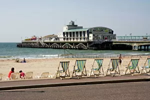 Images Dated 8th May 2008: Deckchairs, beach and pier, Bournemouth, Dorset, England, United Kingdom, Europe