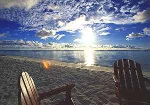 Maale Prints: Two deckchairs on the beach at sunset, Maldives, Indian Ocean, Asia