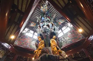 Suzhou Prints: The decorated ceiling and golden statues at West Garden Buddhist Temple