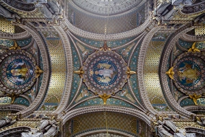Ceilings Prints: The decorated ceiling of Notre Dame de Fourviere, Lyon, Rhone, Rhone-Alpes, France, Europe