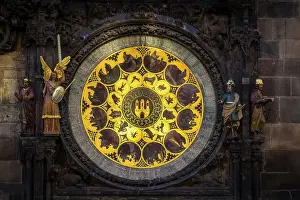 Must See Prints: Detail of decorated circle and statues at Astronomical Clock at Old Town Square