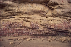 Rock Art Prints: Decorated cliff wall at Dogon ritual site, Songo Village, UNESCO World Heritage Site