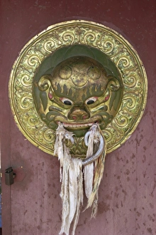 Metal Work Prints: Detail of decorated knob of gate decorated with lions head