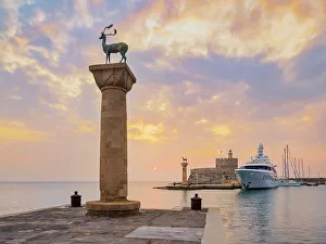 Rhodes Prints: Deer and Doe on columns at entrance to Mandraki Harbour