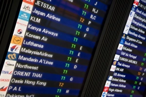 International Prints: Detail of departure board, Hong Kong Airport, Hong Kong, China, Asia