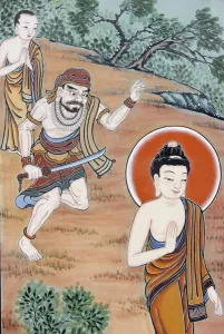 Seoul Prints: Depiction of the story of the Buddha distracting murderer Angulimala from killing his own