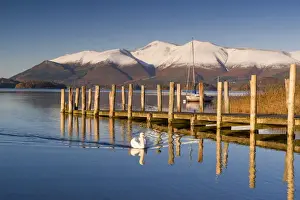 Wood Material Prints: Derwent Water and snow capped Skiddaw from Lodor Hotel Jetty, Borrowdale, Lake District