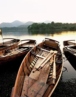 Row Boat Prints: Derwentwater at dusk, Keswick, Lake District, Cumbria, England, United Kingdom, Europe