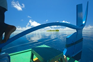 Dhoni Prints: Desert island viewed through rudder on a dhoni, Maldives, Indian Ocean, Asia