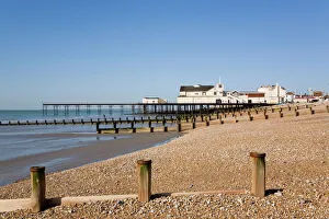 P Ier Prints: Deserted pebble beach at low tide and pier from east side, Bognor Regis