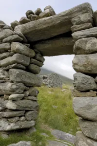 County Mayo Prints: Deserted village at the base of Slievemore mountain