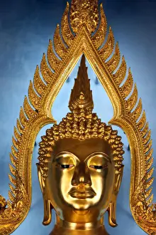 Thai Prints: Detail, Golden Buddha statue, Wat Benchamabophit (Marble Temple), Bangkok, Thailand