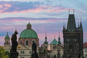 Bohemia Prints: Details of statues and spires at Charles Bridge at sunrise
