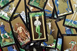 Closeup Gallery: The devil and the hanged man, tarot cards, Haute-Savoie, France, Europe